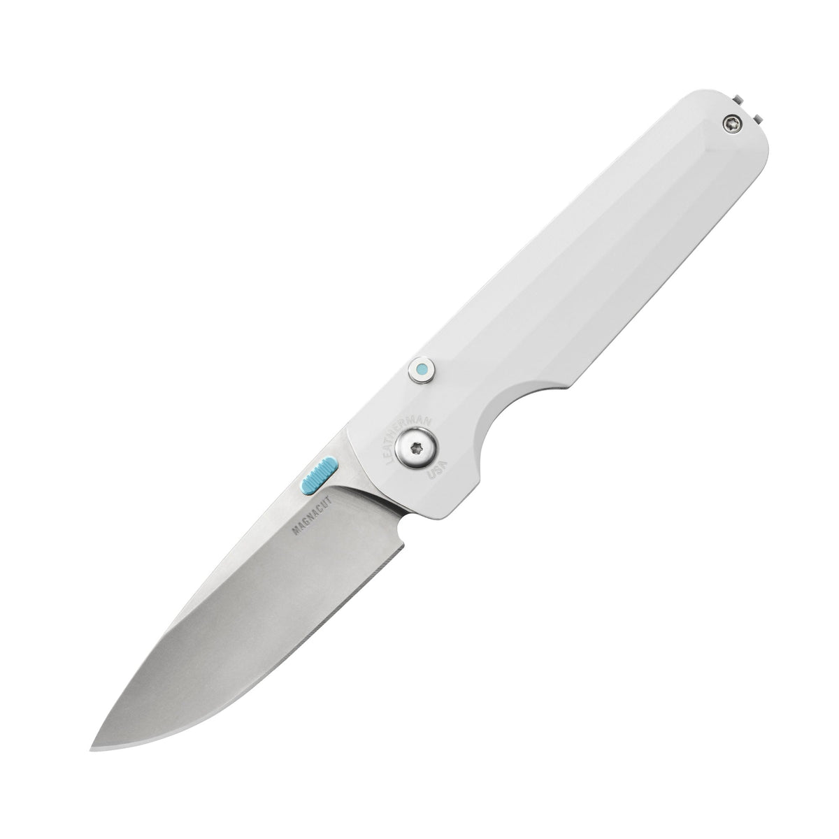 Leatherman Blazer Alpine folding knife shown open with a white handle, stainless steel blade, and visible pivot hardware, displayed on a white background.