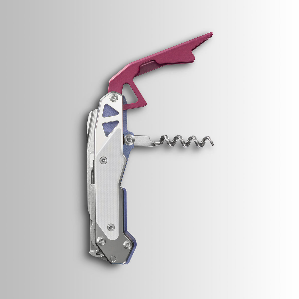 Translation missing: de.Garage Batch 010: Picnic folding corkscrew with angular silver handle and open purple lever on a light gradient background