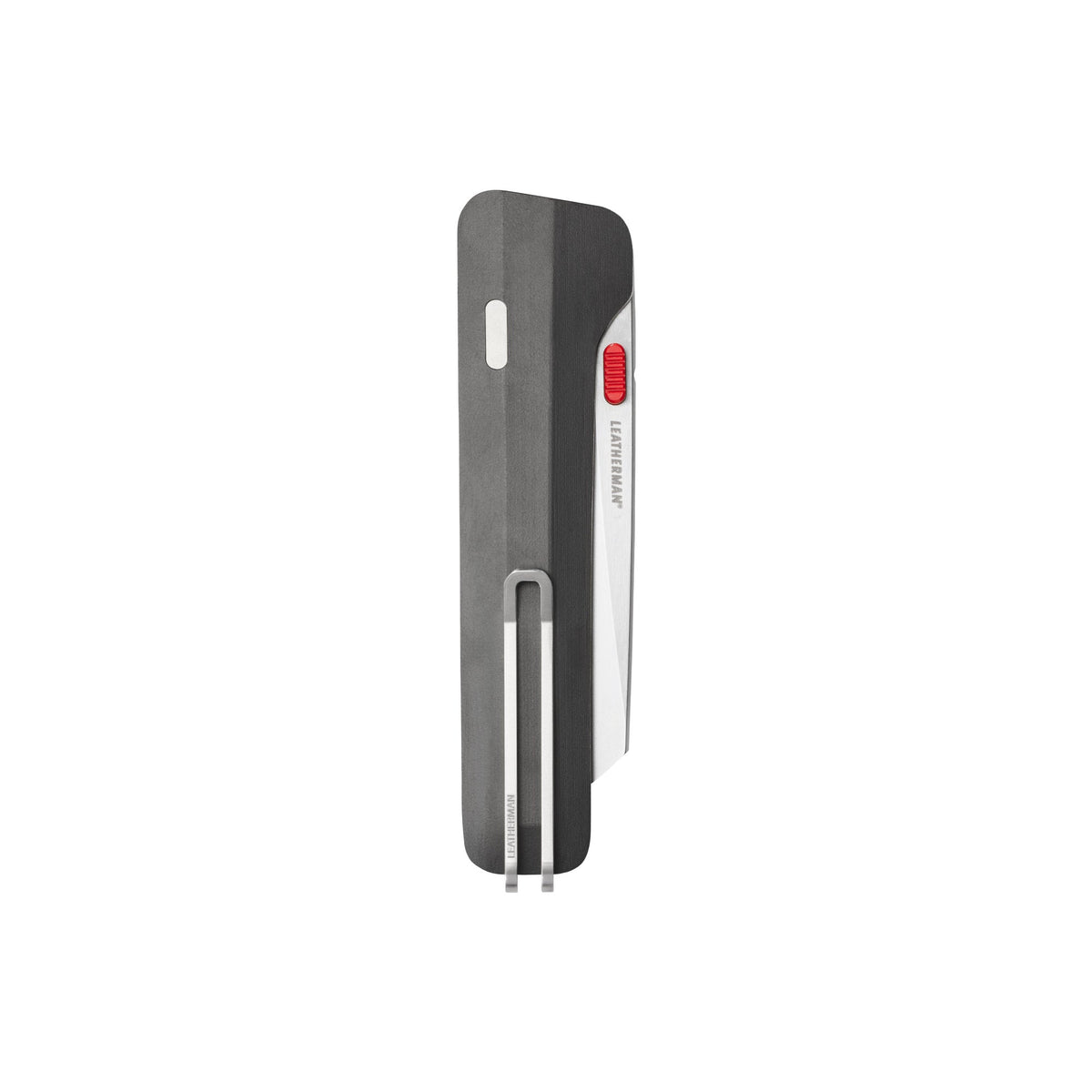 Translation missing: en.Leatherman Glider folding knife with a Jet Black textured handle, stainless steel blade, and red thumb stud, shown close on a white background
