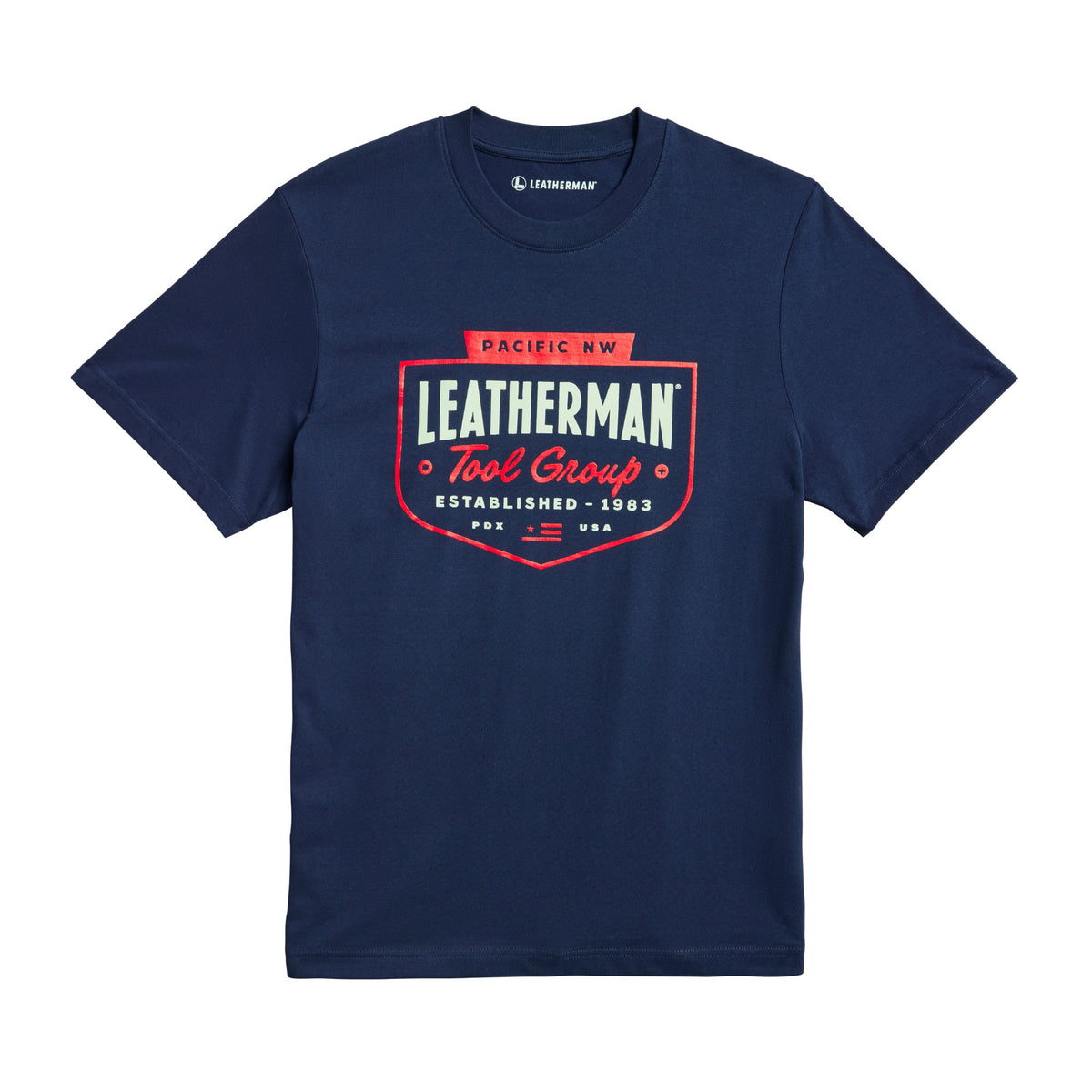 Translation missing: fr.Navy Leatherman Pacific Northwest tee with a red emblem logo. Established 1983