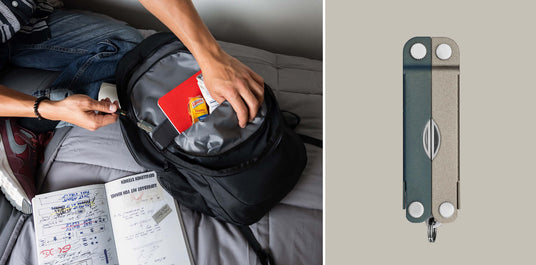 Translation missing: de.Person packing a North Star Micra multi-tool, notebook, and school essentials into a backpack