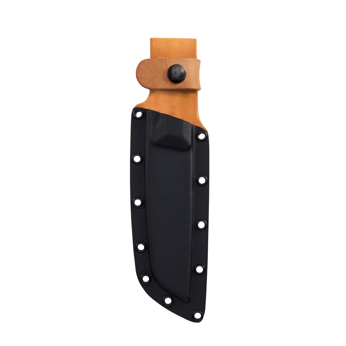 Translation missing: da.Black Pioneer™ knife sheath showcasing hybrid design with leather and Kydex, waterproof and durable for secure belt carry