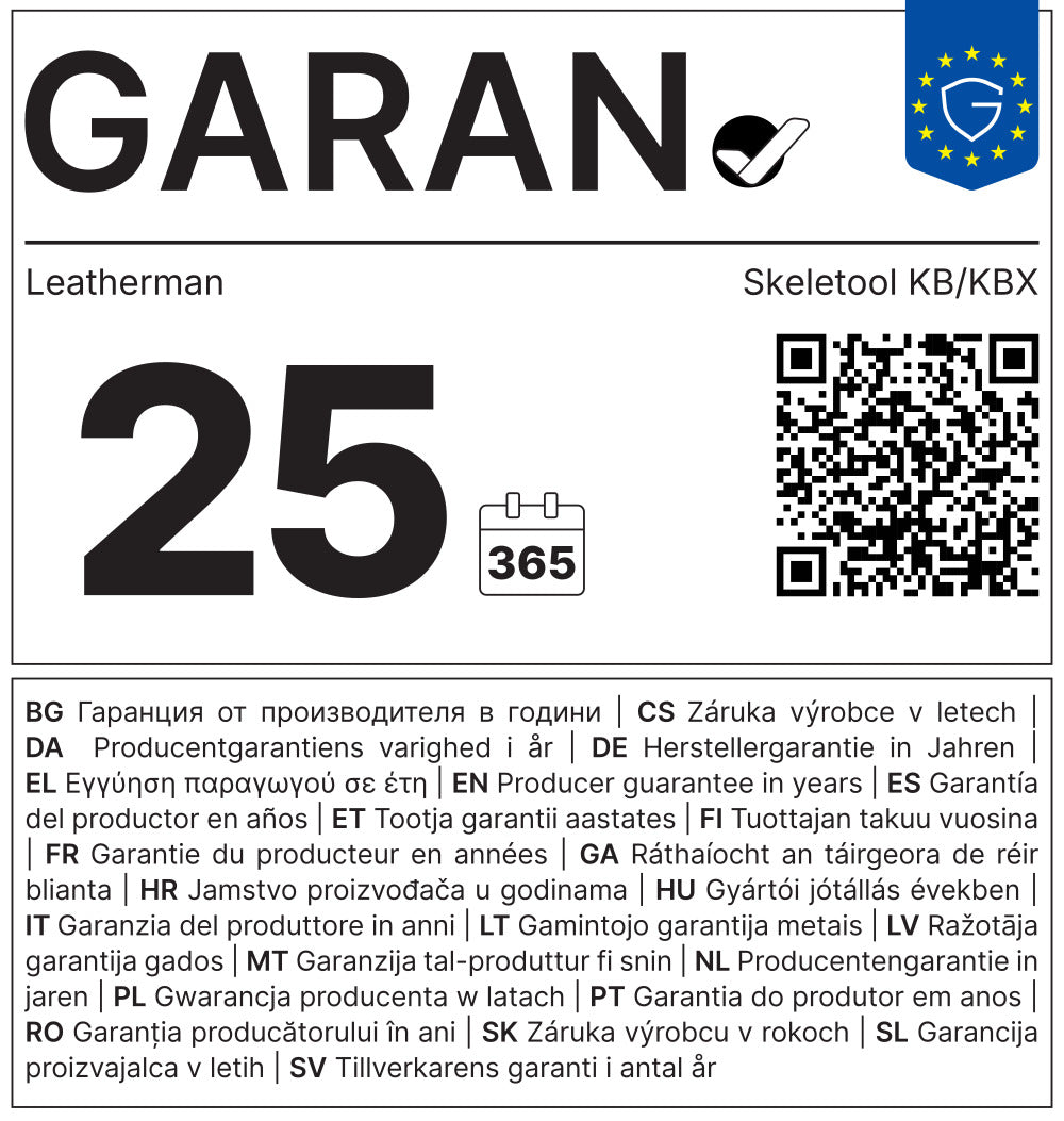 Translation missing: fr.Leatherman Skeletool KB/KBX 25-year warranty label with QR code and multilingual guarantee text