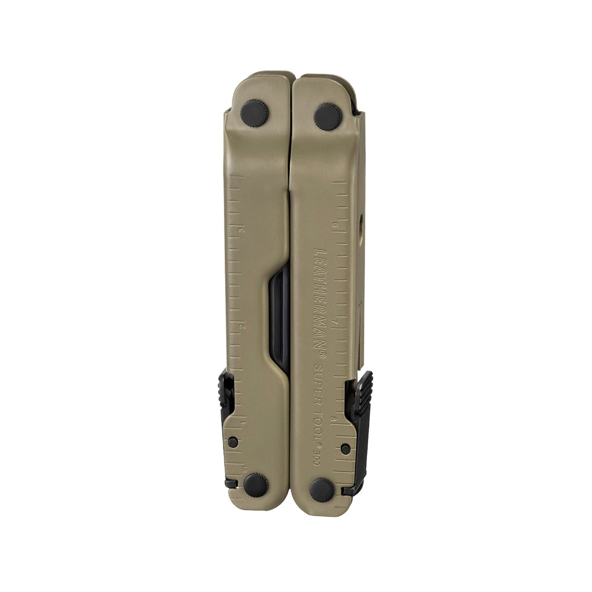 Coyote tan Supertool 300 M closed showing imperial ruler