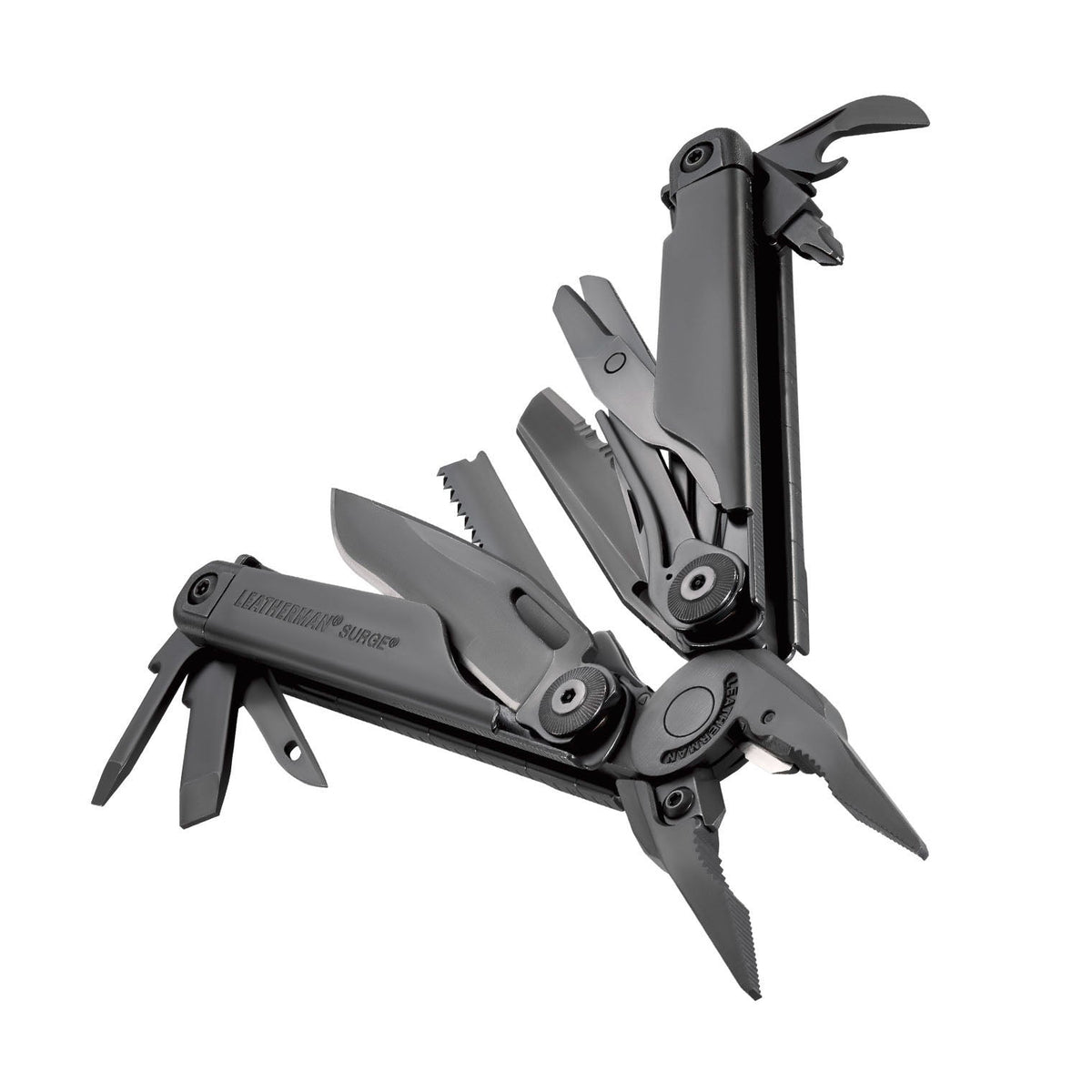 Translation missing: de.Black Leatherman Surge® multi-tool beauty image showing the various tools and features