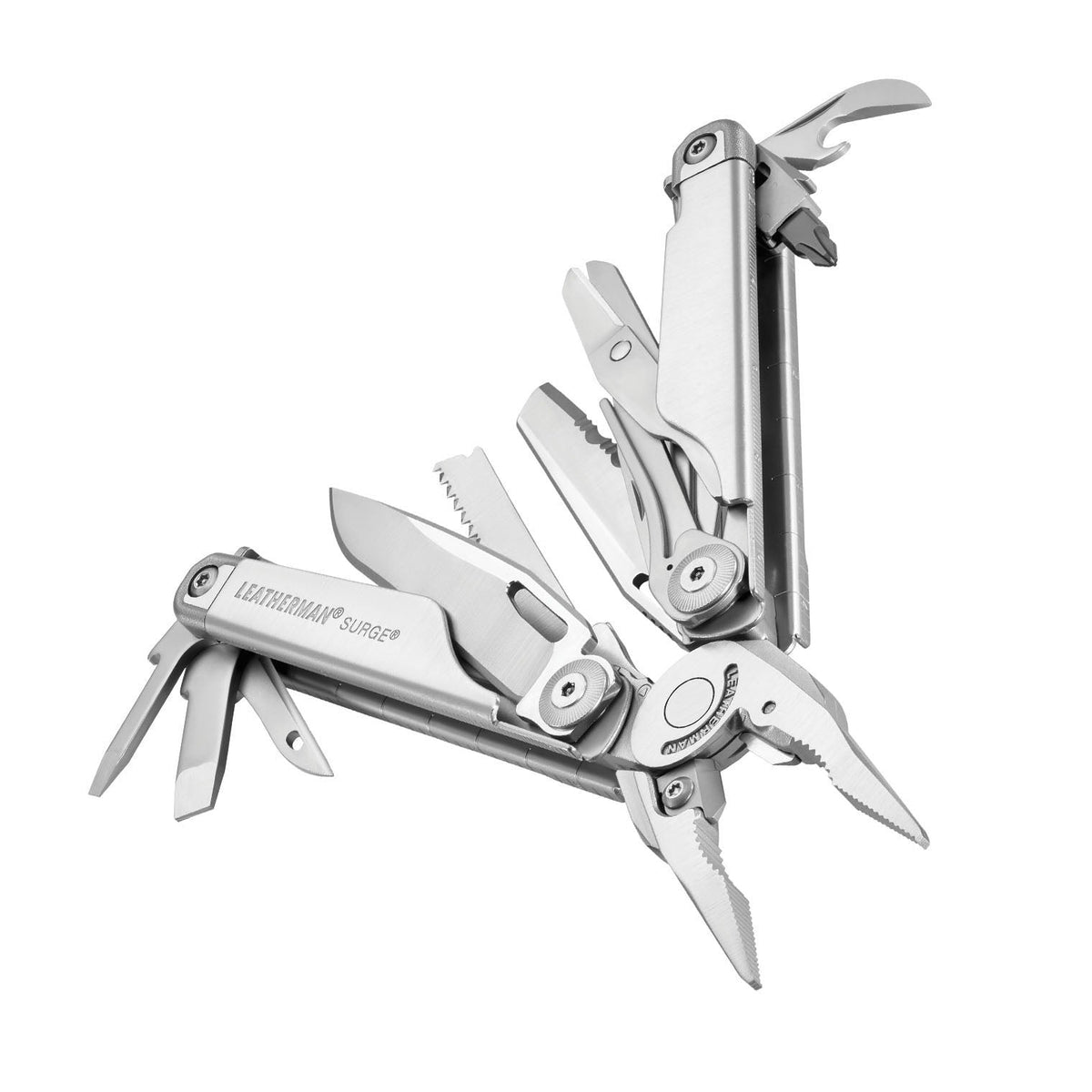 Stainless steel Leatherman Surge® multi-tool beauty image showing the various tools and features.