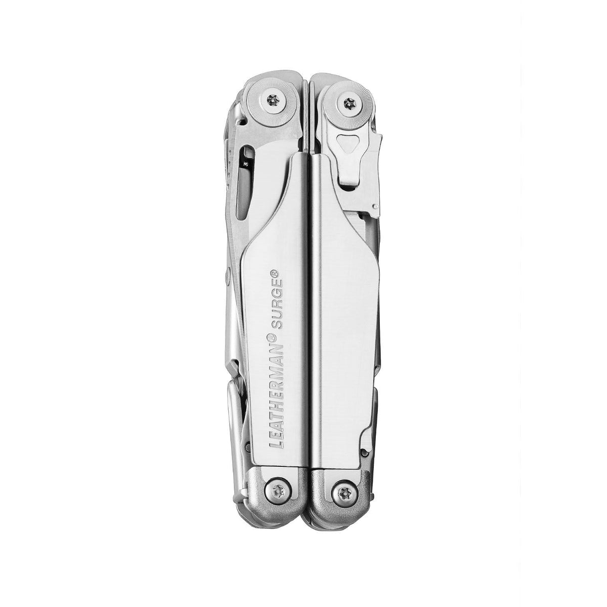 Stainless steel Leatherman Surge® multi-tool closed, showcasing its compact and durable style.
