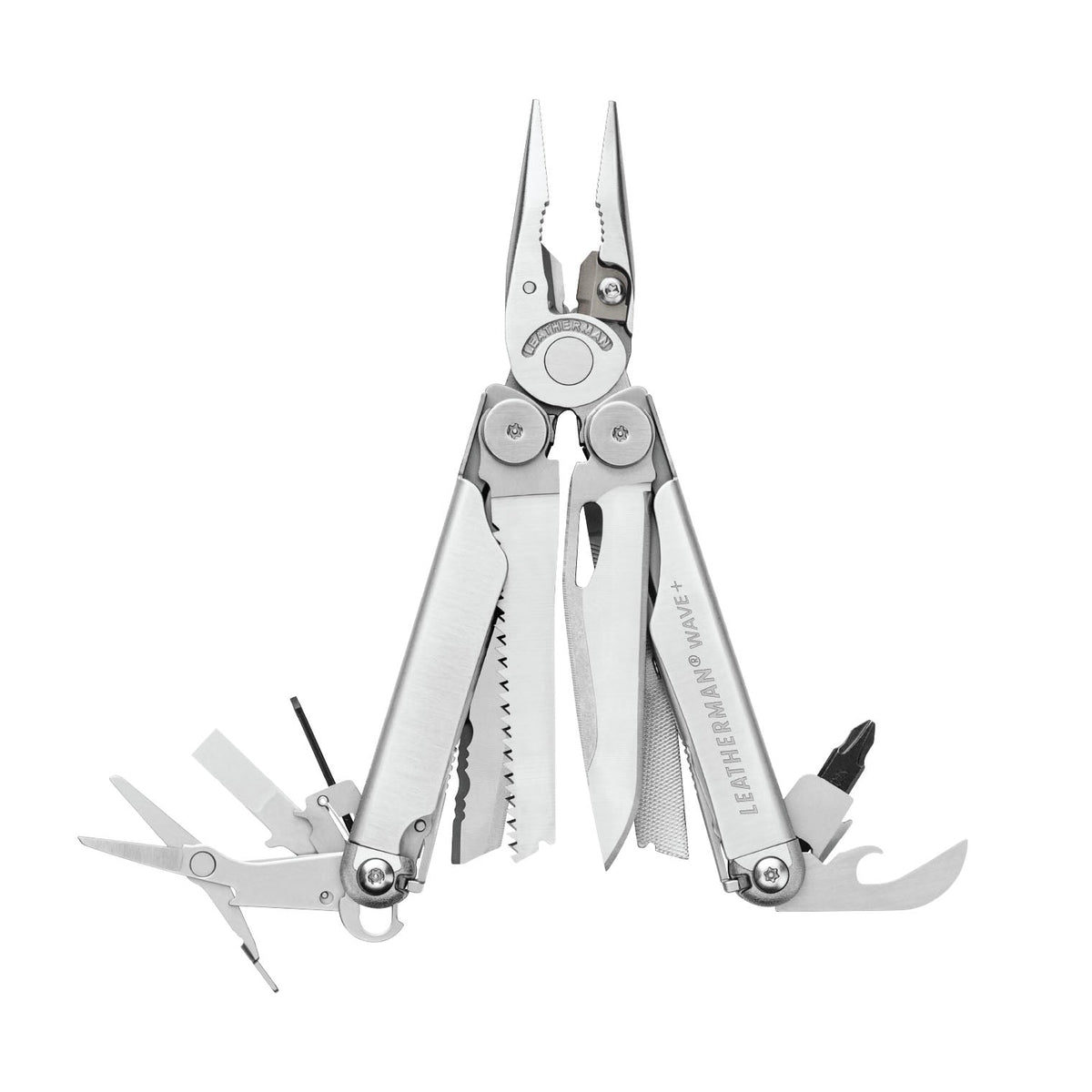 Translation missing: de.Stainless steel Leatherman Wave® Plus multi-tool with pliers and various blades, ideal for DIY, home repairs, and jobsite use