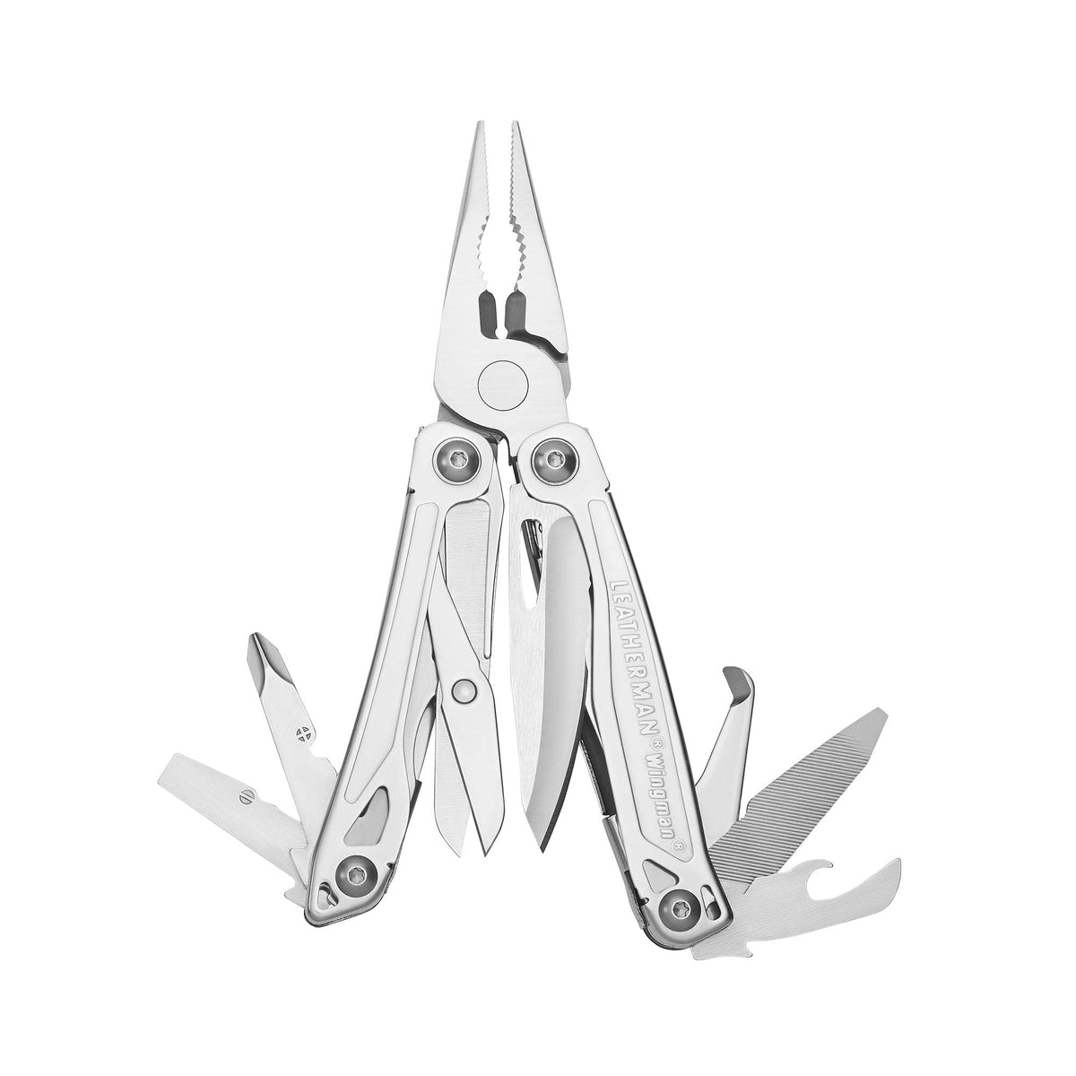 Translation missing: es.Stainless steel Leatherman Wingman® multi-tool opened showcasing the many tools and features included