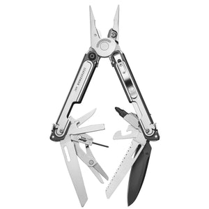 Translation missing: de.Black DLC and stainless steel Leatherman ARC® multi-tool opened showcasing the many tools and features included