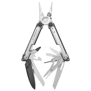 Translation missing: de.Black DLC and stainless steel Leatherman ARC® multi-tool opened showcasing the many tools and features included