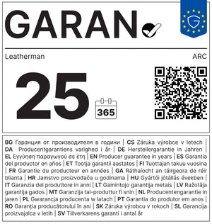 Translation missing: de.Leatherman ARC® warranty label showing 25-year guarantee with QR code and multilingual text