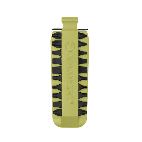 Translation missing: de.Mojito Leatherman bit kit holder with multiple interchangeable screwdriver bits arranged on both sides, featuring the Leatherman logo embossed in the center