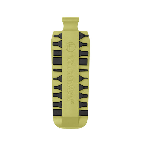 Translation missing: de.Mojito Leatherman bit kit holder with multiple interchangeable screwdriver bits arranged on both sides, featuring the Leatherman logo embossed in the center