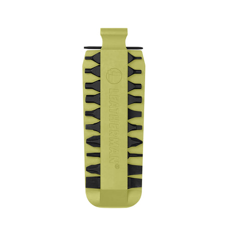 Translation missing: de.Mojito Leatherman bit kit holder with multiple interchangeable screwdriver bits arranged on both sides, featuring the Leatherman logo embossed in the center