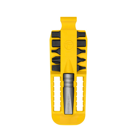 Translation missing: de.Yellow Leatherman bit kit holder with multiple interchangeable screwdriver black bits arranged on both sides, and a silver extender, featuring the Leatherman logo embossed in the center