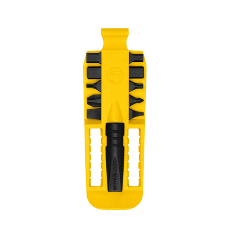 Translation missing: de.Yellow Leatherman bit kit holder with multiple interchangeable screwdriver black bits arranged on both sides, and a black extender, featuring the Leatherman logo embossed in the center