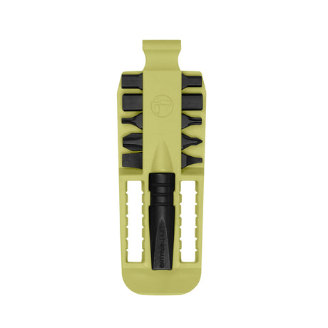 Translation missing: de.Mojito Leatherman bit kit holder with multiple interchangeable screwdriver black bits arranged on both sides, and a black extender, featuring the Leatherman logo embossed in the center
