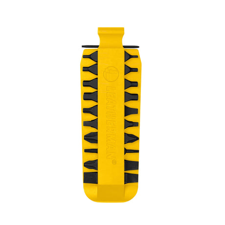 Translation missing: de.Yellow Leatherman bit kit holder with multiple interchangeable screwdriver bits arranged on both sides, featuring the Leatherman logo embossed in the center