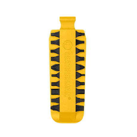 Translation missing: de.Yellow Leatherman bit kit holder with multiple interchangeable screwdriver bits arranged on both sides, featuring the Leatherman logo embossed in the center