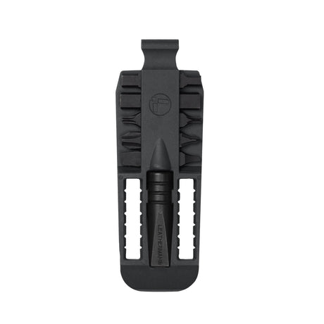 Translation missing: de.Orange Leatherman bit kit holder with multiple interchangeable screwdriver black bits arranged on both sides, and an extender, featuring the Leatherman logo embossed in the center