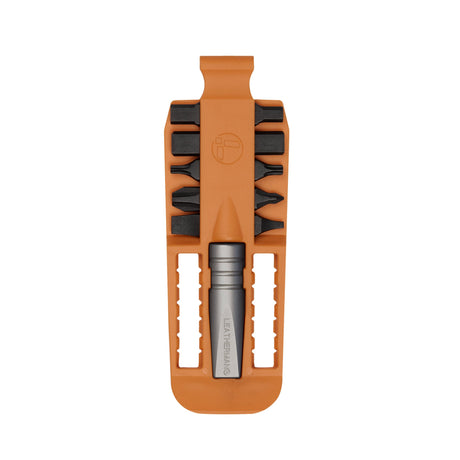Translation missing: de.Orange Leatherman bit kit holder with multiple interchangeable screwdriver black bits arranged on both sides, and a silver extender, featuring the Leatherman logo embossed in the center