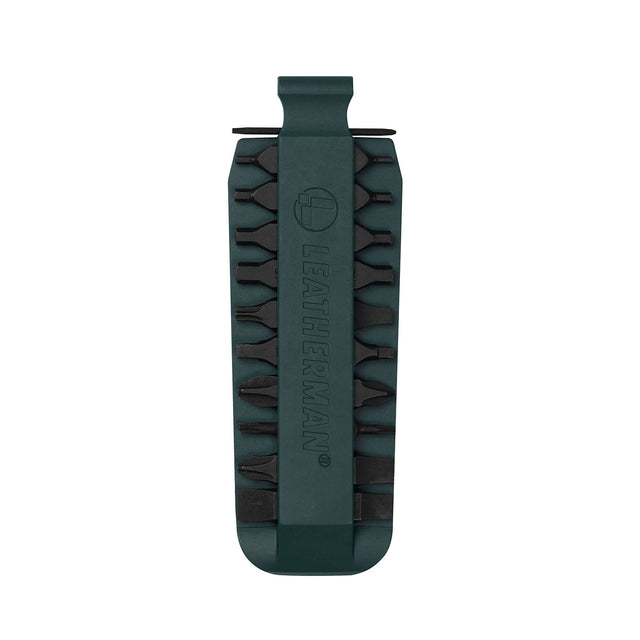 Translation missing: nl.Forest Green Leatherman bit kit holder with multiple interchangeable screwdriver bits arranged on both sides, featuring the Leatherman logo embossed in the center