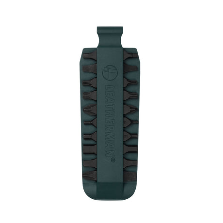 Translation missing: de.Forest Green Leatherman bit kit holder with multiple interchangeable screwdriver bits arranged on both sides, featuring the Leatherman logo embossed in the center
