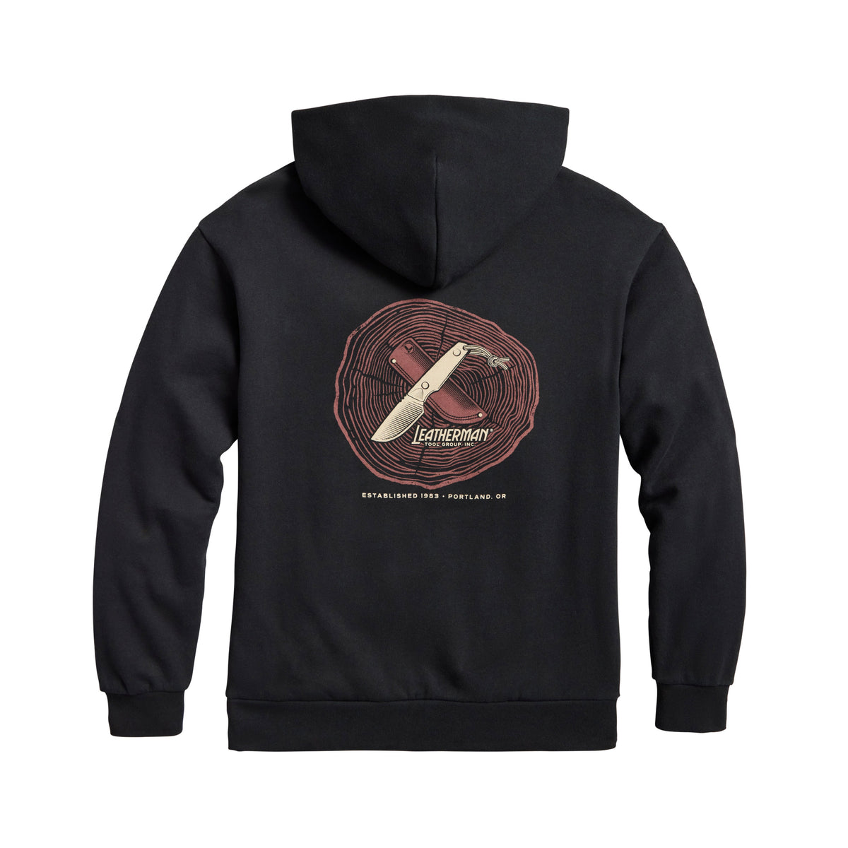 Translation missing: de.Back of the black Blade &amp; Grain hoodie displaying a fixed blade knife and a leather sheath on a stump