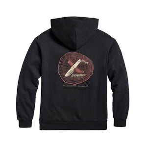 Translation missing: de.Back of the black Blade &amp; Grain hoodie displaying a fixed blade knife and a leather sheath on a stump