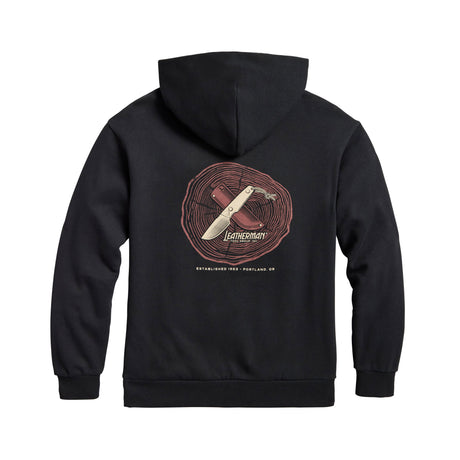 Translation missing: de.Back of the black Blade &amp; Grain hoodie displaying a fixed blade knife and a leather sheath on a stump
