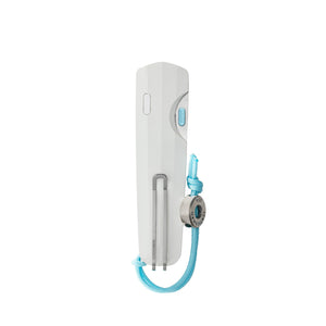 Leatherman Blazer Alpine folding knife in closed position with a white handle, deep-carry pocket clip, visible thumb slider, and attached light blue lanyard with branded bead, displayed on a white background.