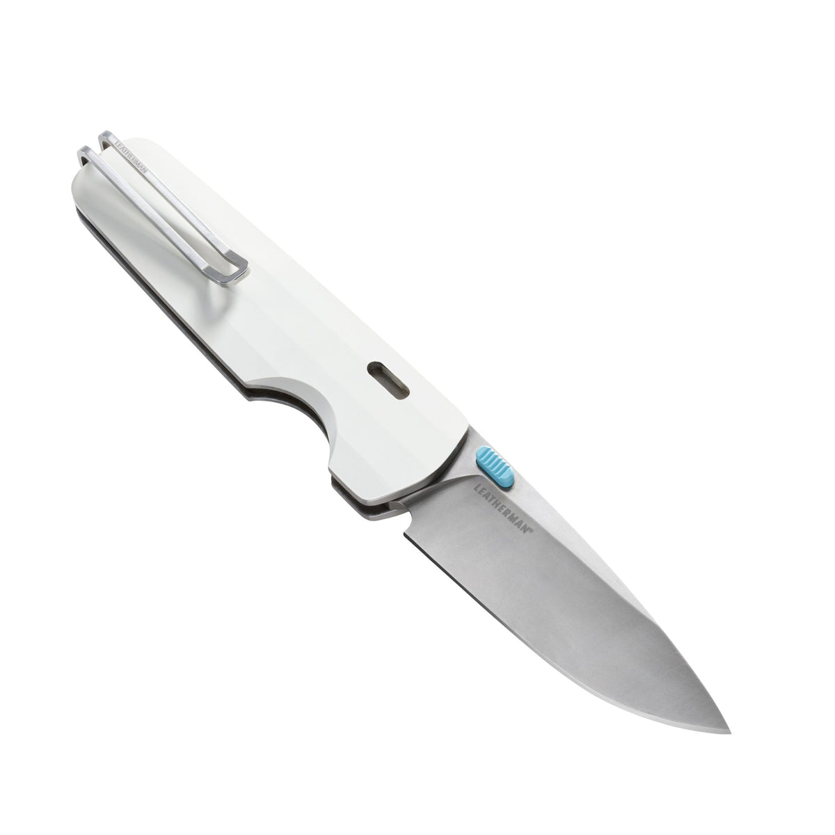 Leatherman Blazer Alpine folding knife shown open at an angle with a white handle, stainless steel blade, and deep-carry pocket clip, displayed on a white background.