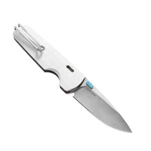 Leatherman Blazer Alpine folding knife shown open at an angle with a white handle, stainless steel blade, and deep-carry pocket clip, displayed on a white background.