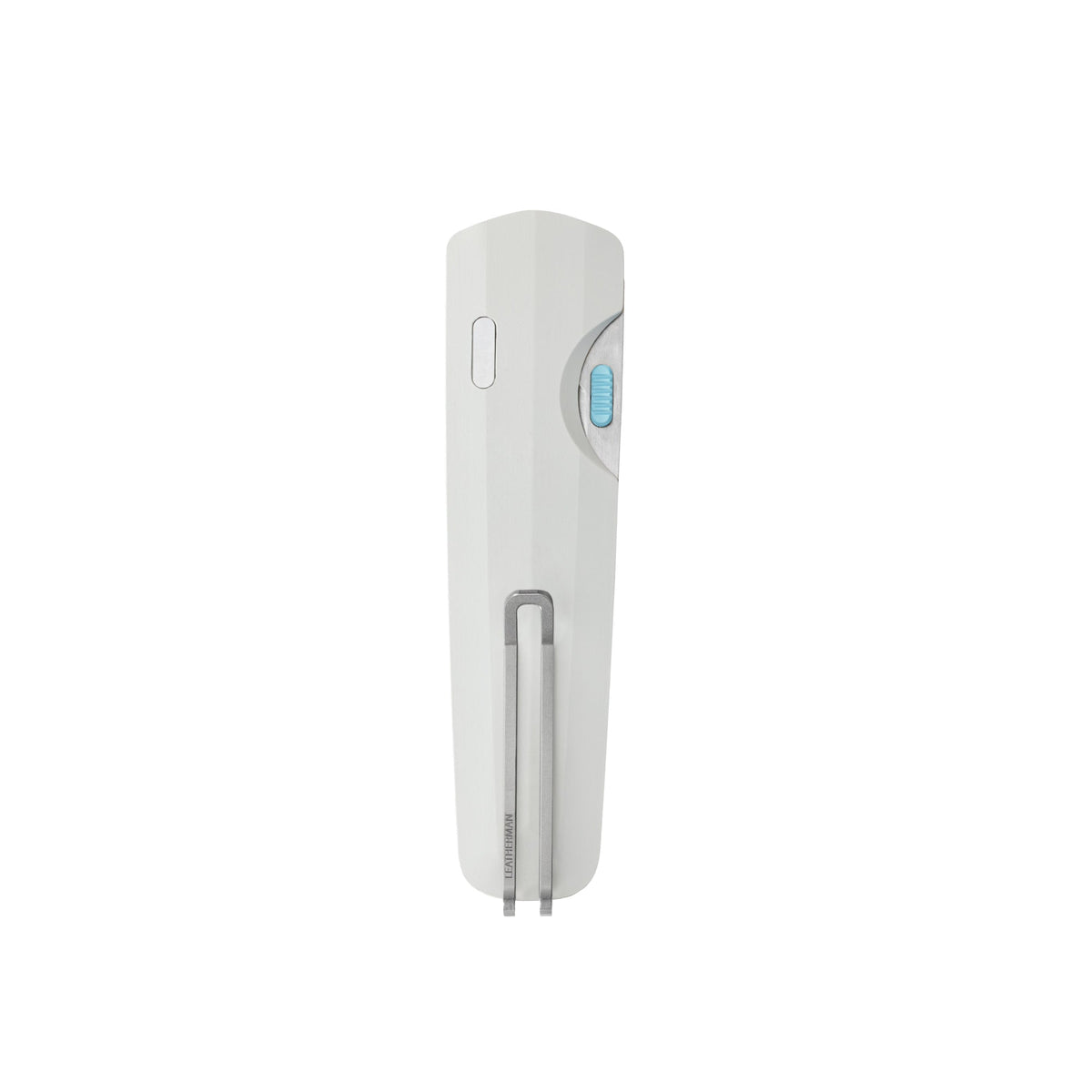 Leatherman Blazer Alpine folding knife in closed position with a white handle, deep-carry pocket clip, and visible thumb slider, displayed on a white background.