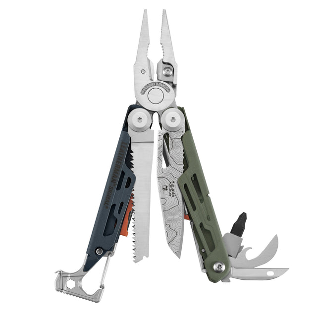 Translation missing: de.Signal® Tundrascape Limited Edition multitool open to pliers, saw, patterned blade, bit driver, hook, and carabiner