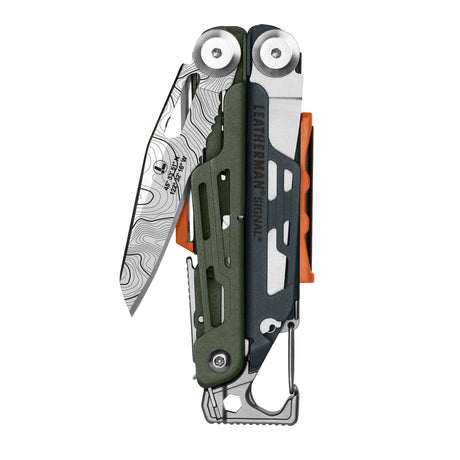 Translation missing: de.Signal® Tundrascape Limited Edition multitool with topo-pattern blade and green, dark gray, and orange accents