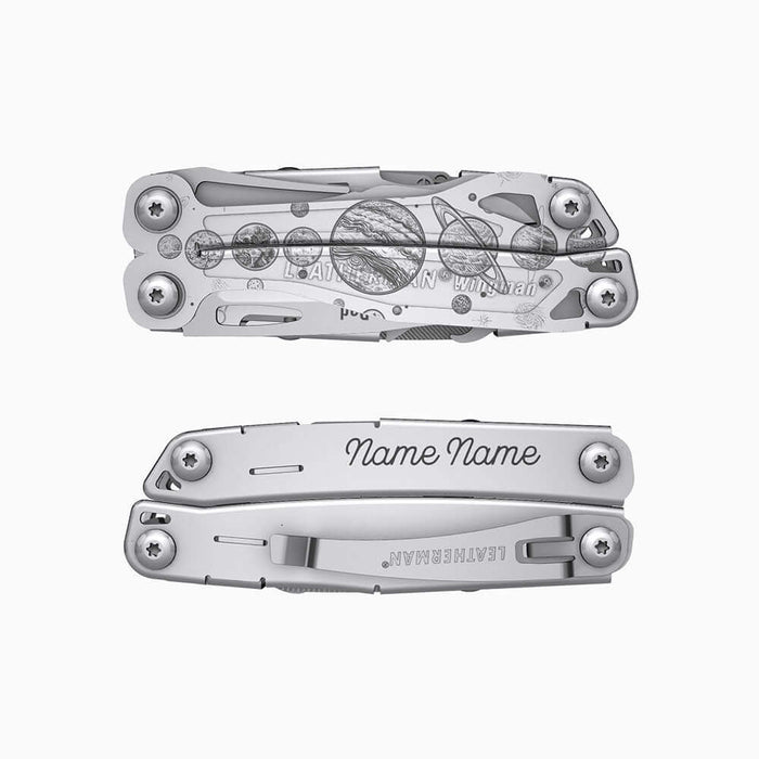 Translation missing: en.A stainless steel Leatherman Wingman multitool with engraved celestial bodies and planetary artwork. One handle side is personalized with the placeholder text “Name Name.”