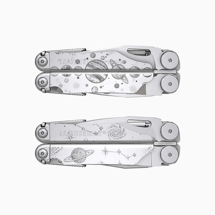 Translation missing: en.A stainless steel Leatherman Wave+ multitool engraved with a space-themed design featuring planets, stars, and cosmic illustrations