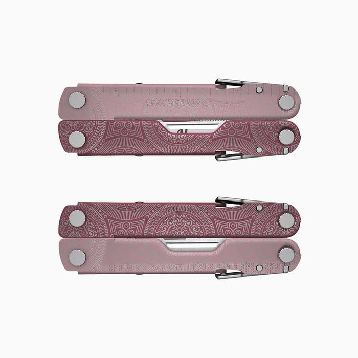 Translation missing: en.A cranberry-colored Leatherman Rebar multitool with intricate mandala-style engravings. The knife blade is personalized with a placeholder for “Name.”