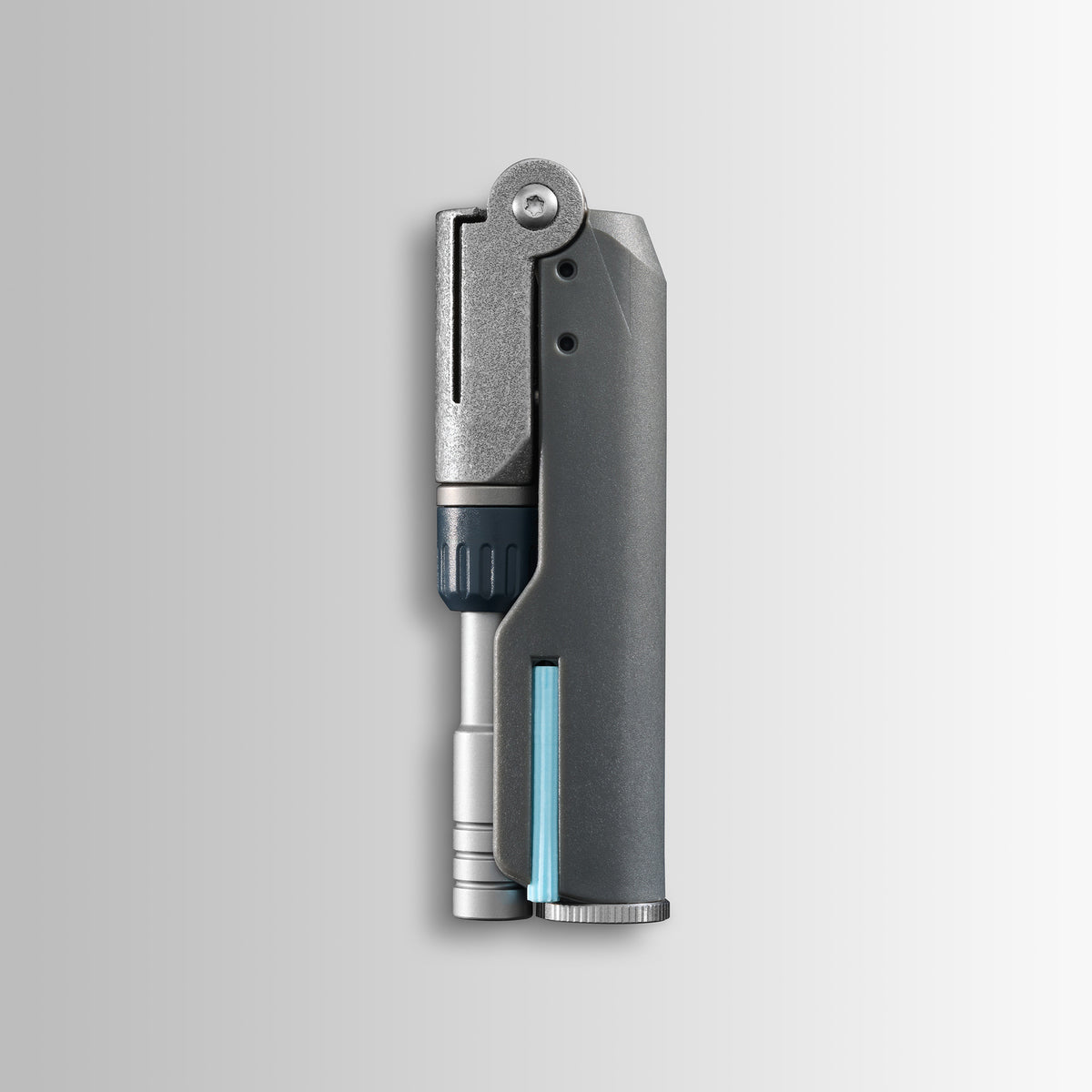 Translation missing: de.Batch #009: Adapter shown folded, with metallic and dark gray components and a slim cylindrical insert