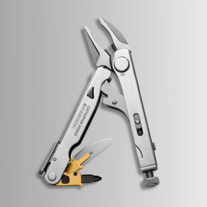 Translation missing: fr.Batch #008: Captain's Crunch multitool with open pliers, knife blade, and gold bit holder showing interchangeable driver bits