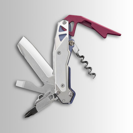 Translation missing: de.Garage Batch 010: Picnic folded multitool with knife blade, bottle opener, corkscrew, screwdriver bit and purple lever handle
