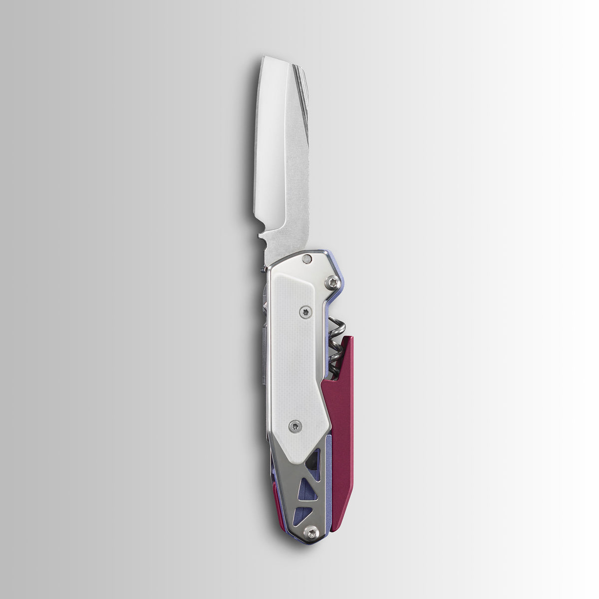 Translation missing: de.Garage Batch 010: Picnic folding multitool knife with straight blade, silver handle panels, purple accent grip and visible corkscrew