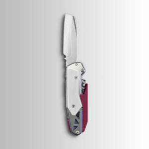Translation missing: de.Garage Batch 010: Picnic folding multitool knife with straight blade, silver handle panels, purple accent grip and visible corkscrew