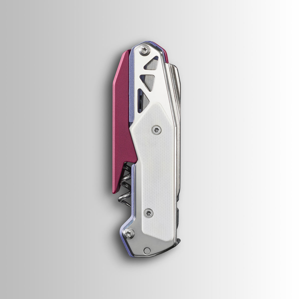 Translation missing: de.Garage Batch 010: Picnic closed folding multitool with silver handle and visible corkscrew against a light gradient background