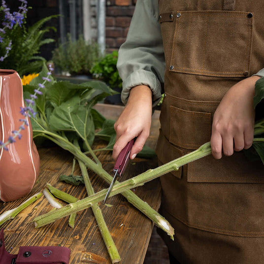 Translation missing: de.Woman using the knife on a Heathered Cranberry Leatherman Bond to cut the bottom of a sunflower stem