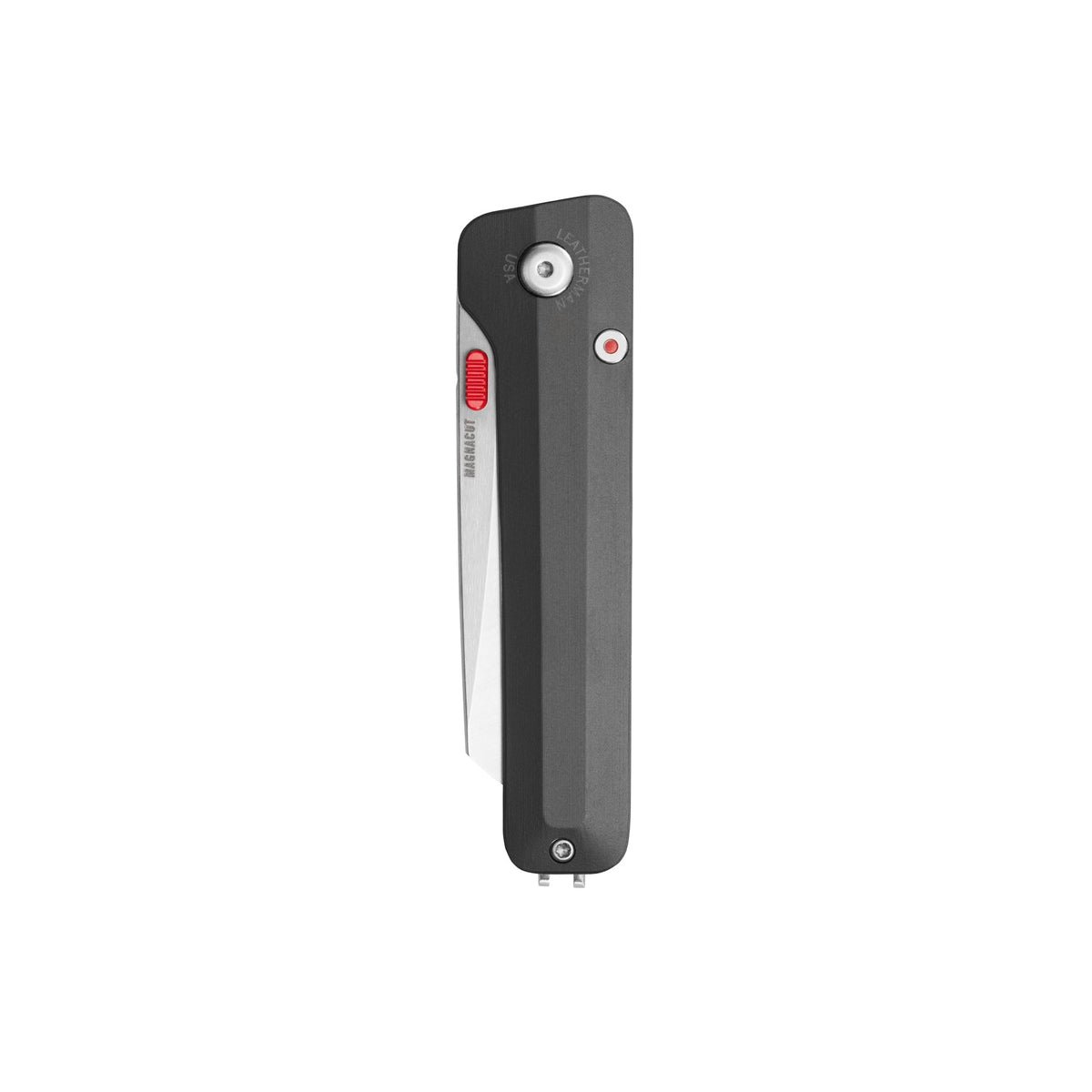 Translation missing: en.Leatherman Glider folding knife in closed position with Jet Black textured handle, visible red thumb slider, and a pivot screw displayed on a white background