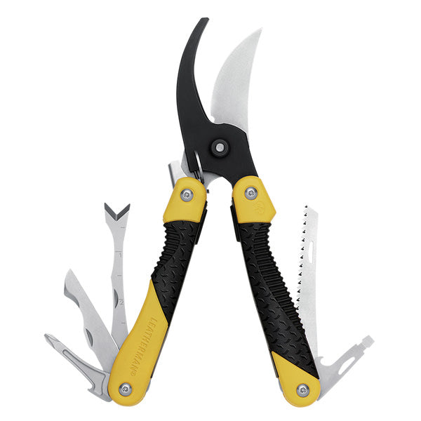 Opened Leatherman Hybrid displayed on white background.