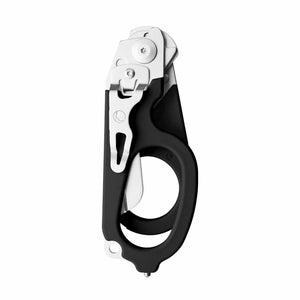 Translation missing: de.Black Leatherman Raptor Rescue trauma shears folded, featuring the pocket clip and lanyard hole